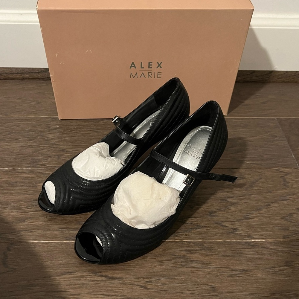 Alex Marie Black Peep Toe Heels with Buckle Strap